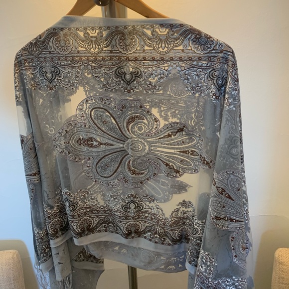Fancy silver w/multi color paisley print (black /white /brown) lacy sheer wrap - Picture 3 of 3
